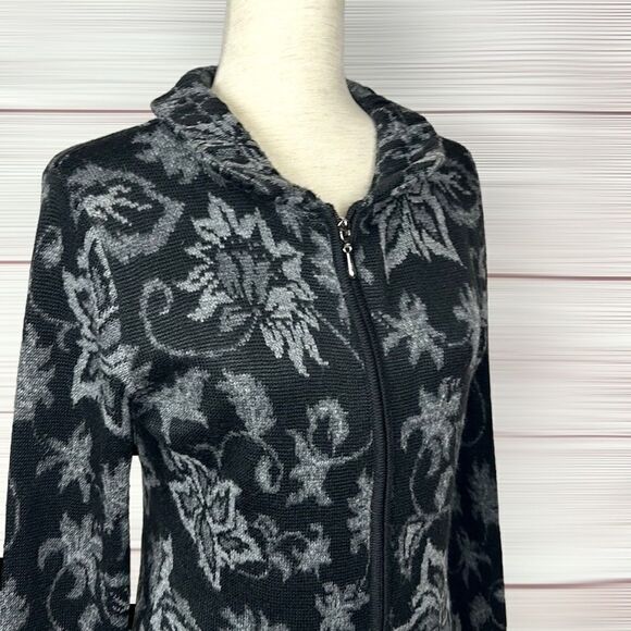 Peruvian Link Alpaca Black Gray Floral Zip Front Mock Neck Cardigan Sweater S - Picture 4 of 12